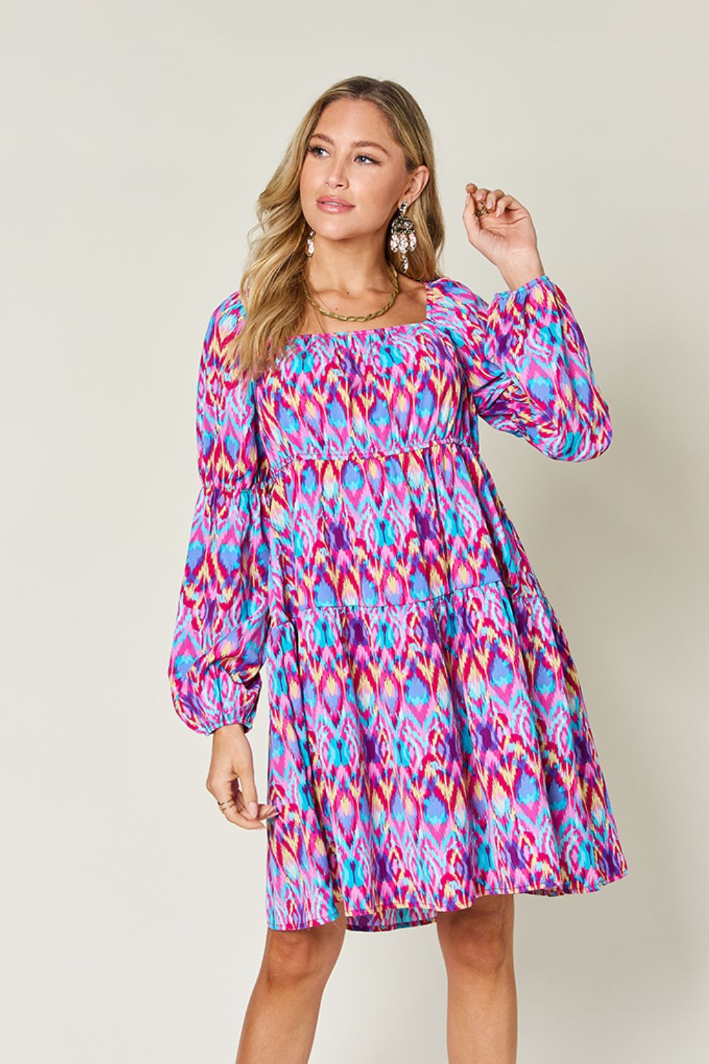 Printed Long Sleeve Smocked Dress Hot Pink