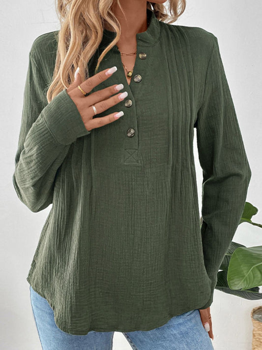 Perfee Textured Notched Long Sleeve Blouse Army Green