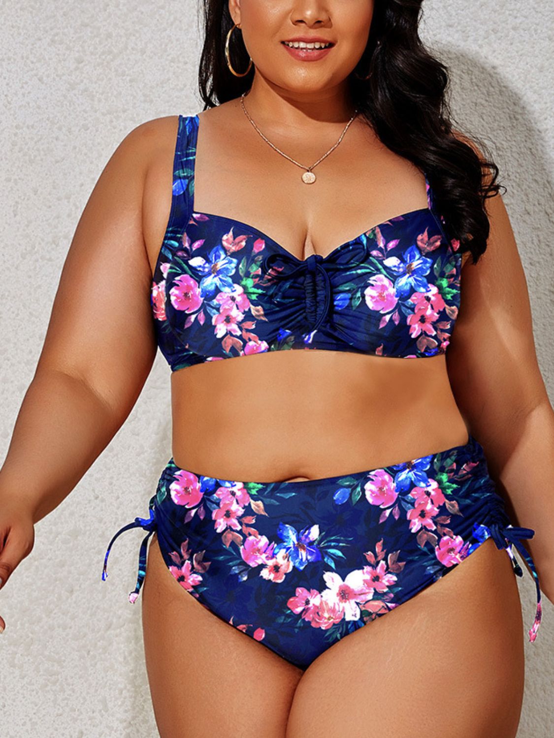 Plus Size Printed Drawstring Bikini Set