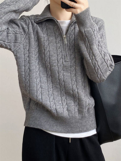 Cable-Knit Half Zip Long Sleeve Sweater Dark Gray One Size