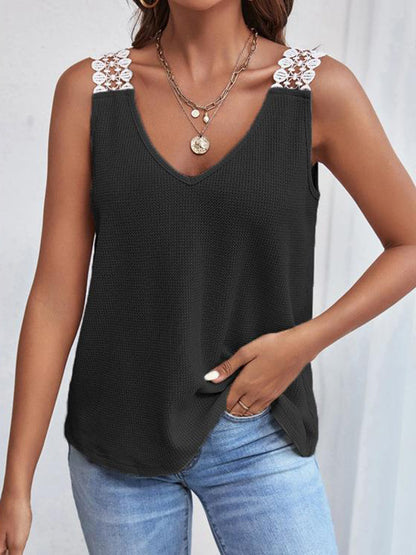 Full Size Lace Detail V-Neck Tank Black