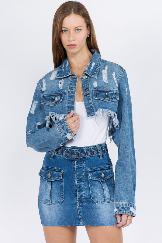 Women's Distressed Denim Crop Jacket Blue