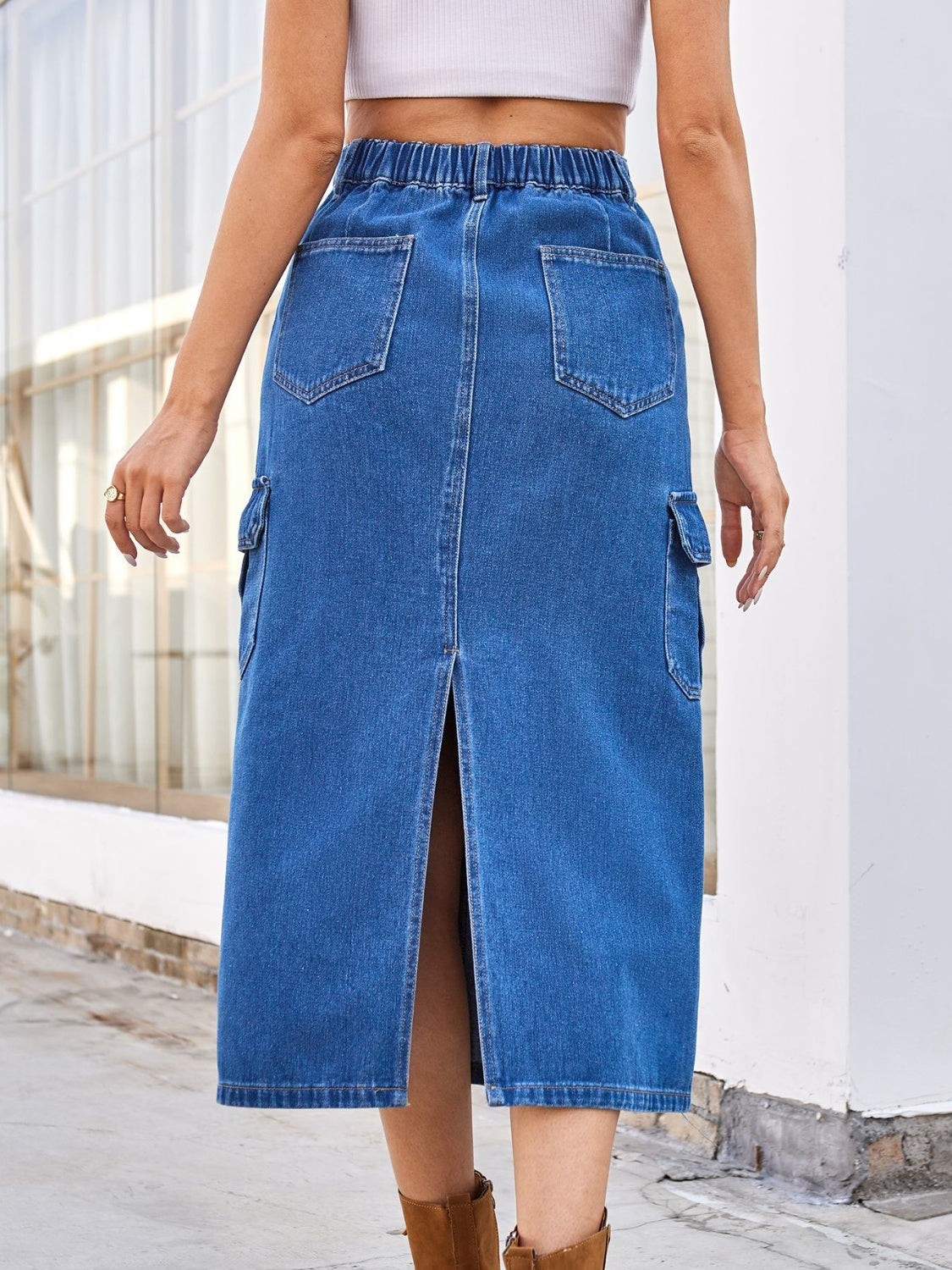 Slit Midi Denim Skirt with Pockets