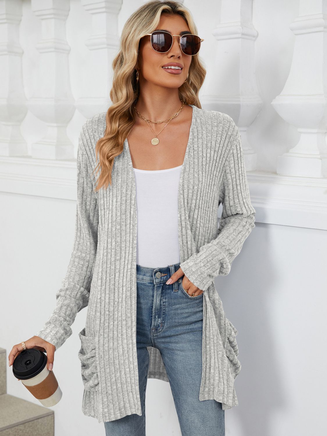 Pocketed Open Front Long Sleeve Cardigan Light Gray