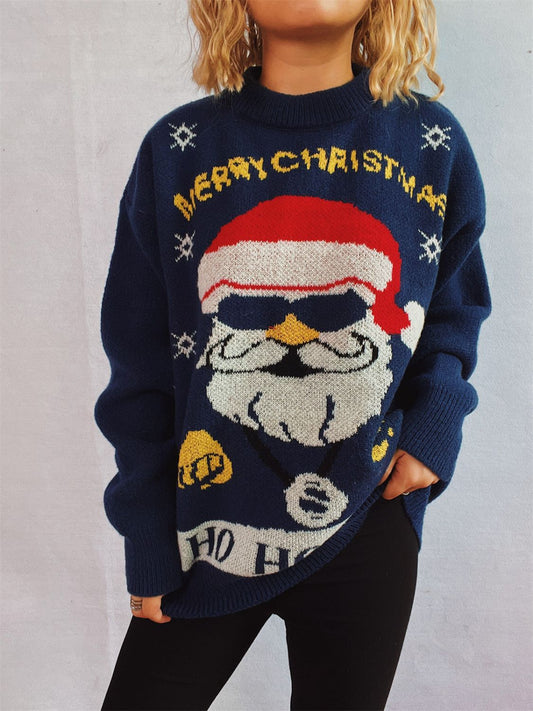 Santa Round Neck Long Sleeve Sweater Dark Blue