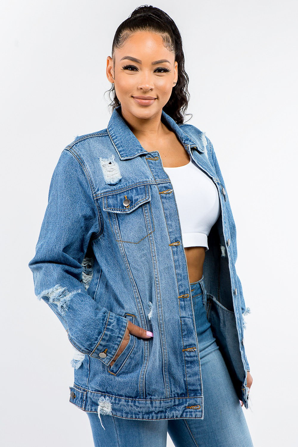 Women's Distressed Denim Button-Up Jacket