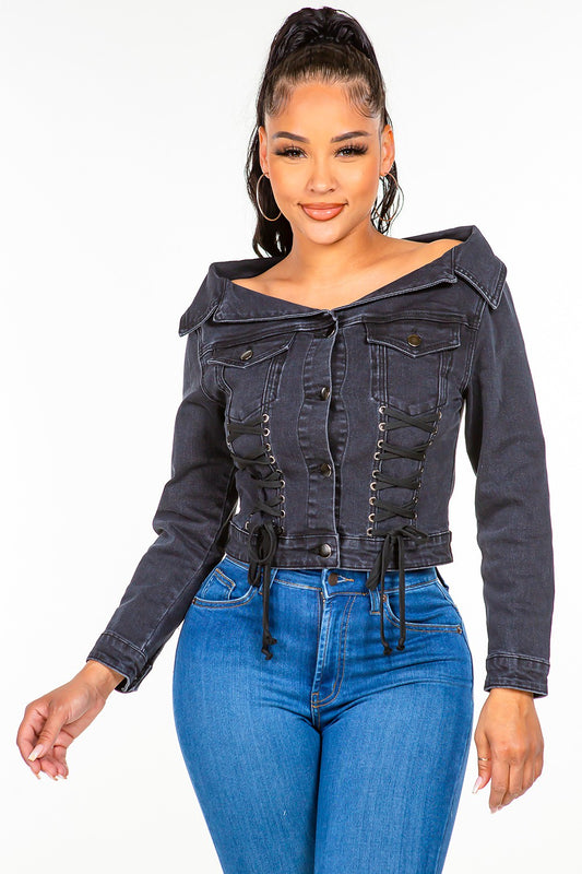 Women's Off-Shoulder Lace-Up Denim Jacket Black