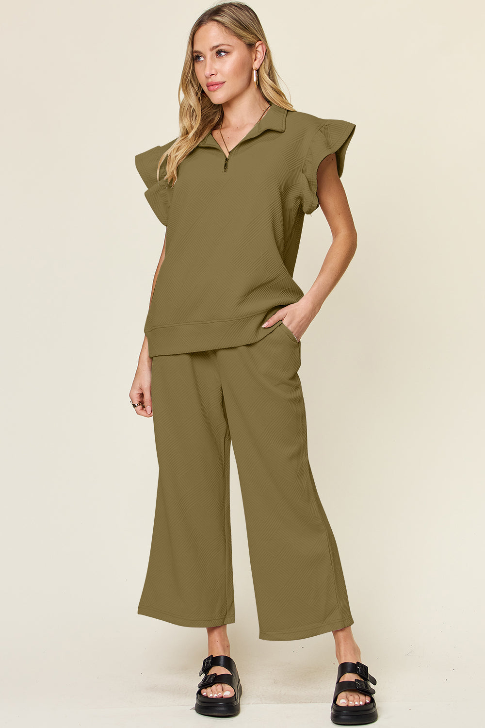 Textured Ruffle Top & Drawstring Wide Leg Pants Set Olive