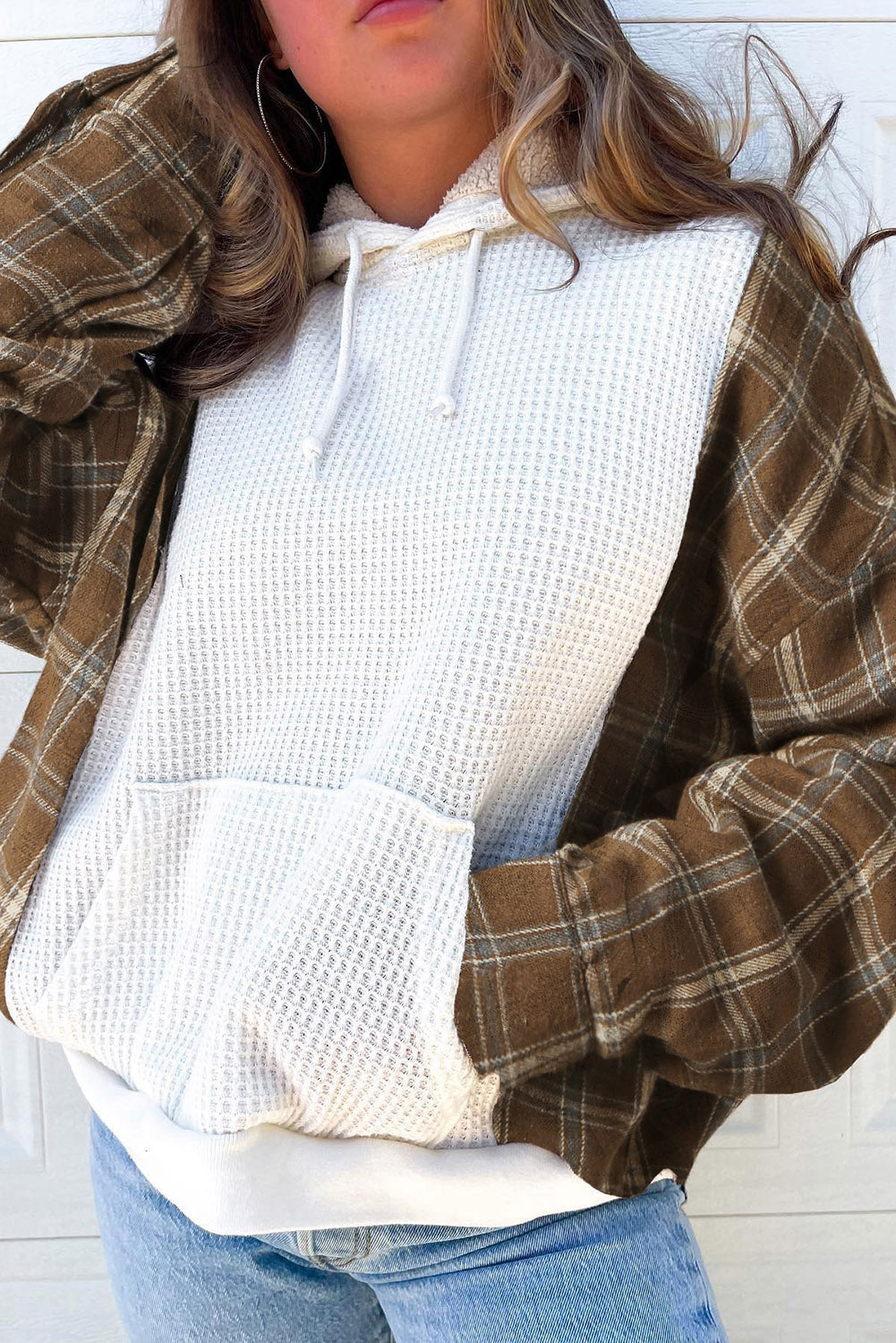 Waffle Knit Plaid Long Sleeve Kangaroo Pocket Hoodie White