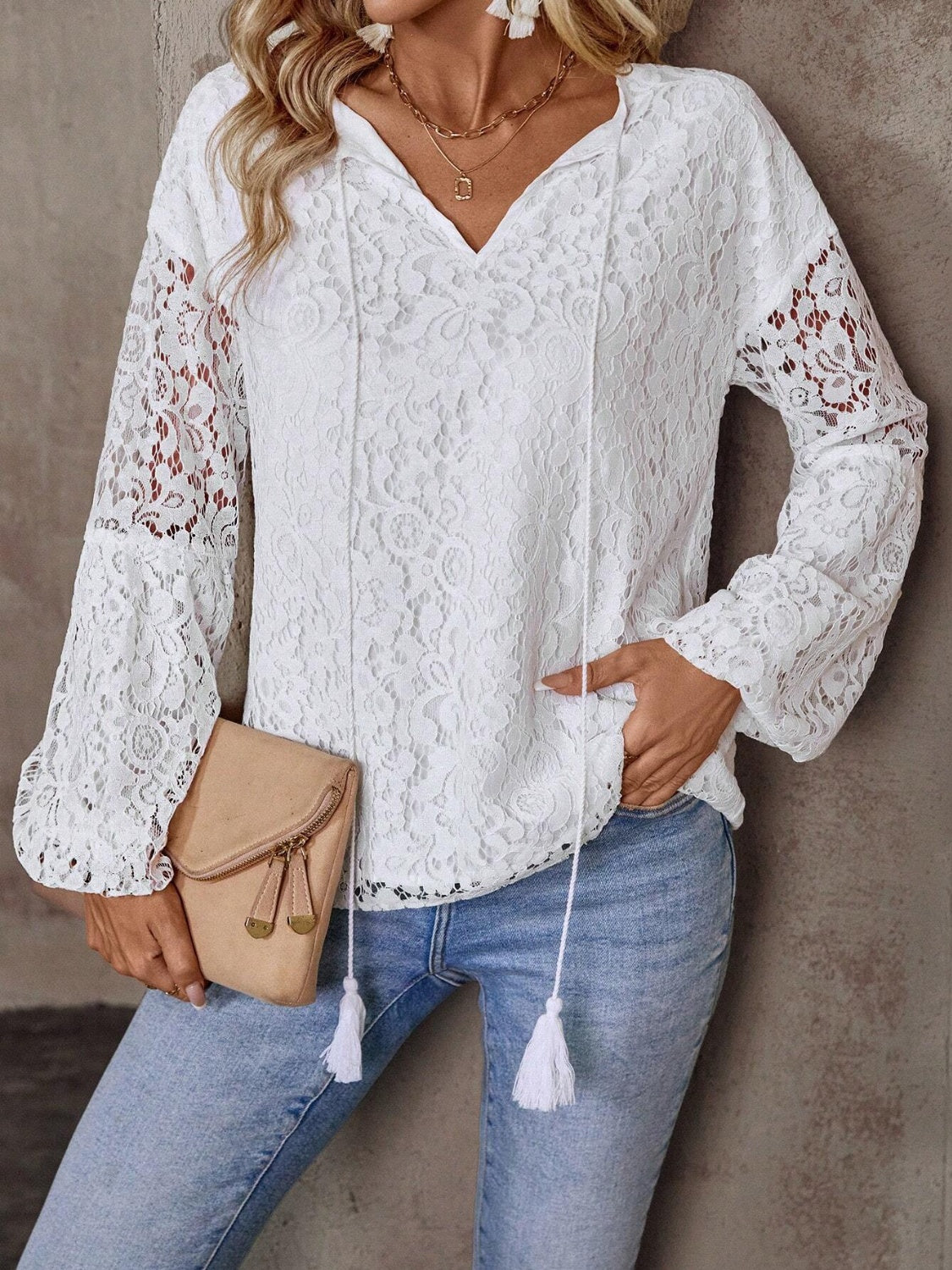 Lace Tie Neck Long Sleeve Blouse White