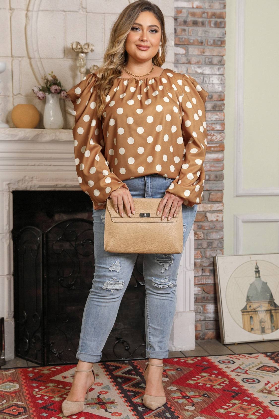 Plus Size Polka Dot Long Sleeve Blouse