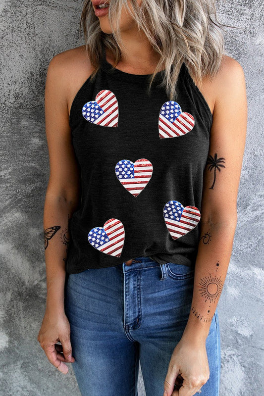 Heart US Flag Round Neck Grecian Neck Tank Black