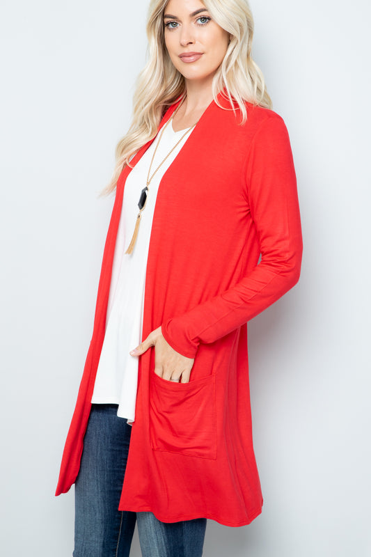 Celeste Full Size Open Front Cardigan with Pockets Lt Coral