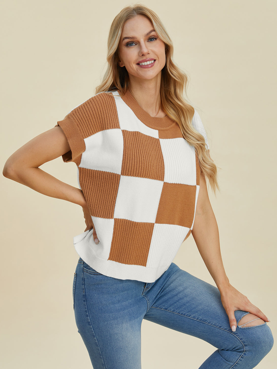 Double Take Full Size Checkered Round Neck Short Sleeve Sweater Camel