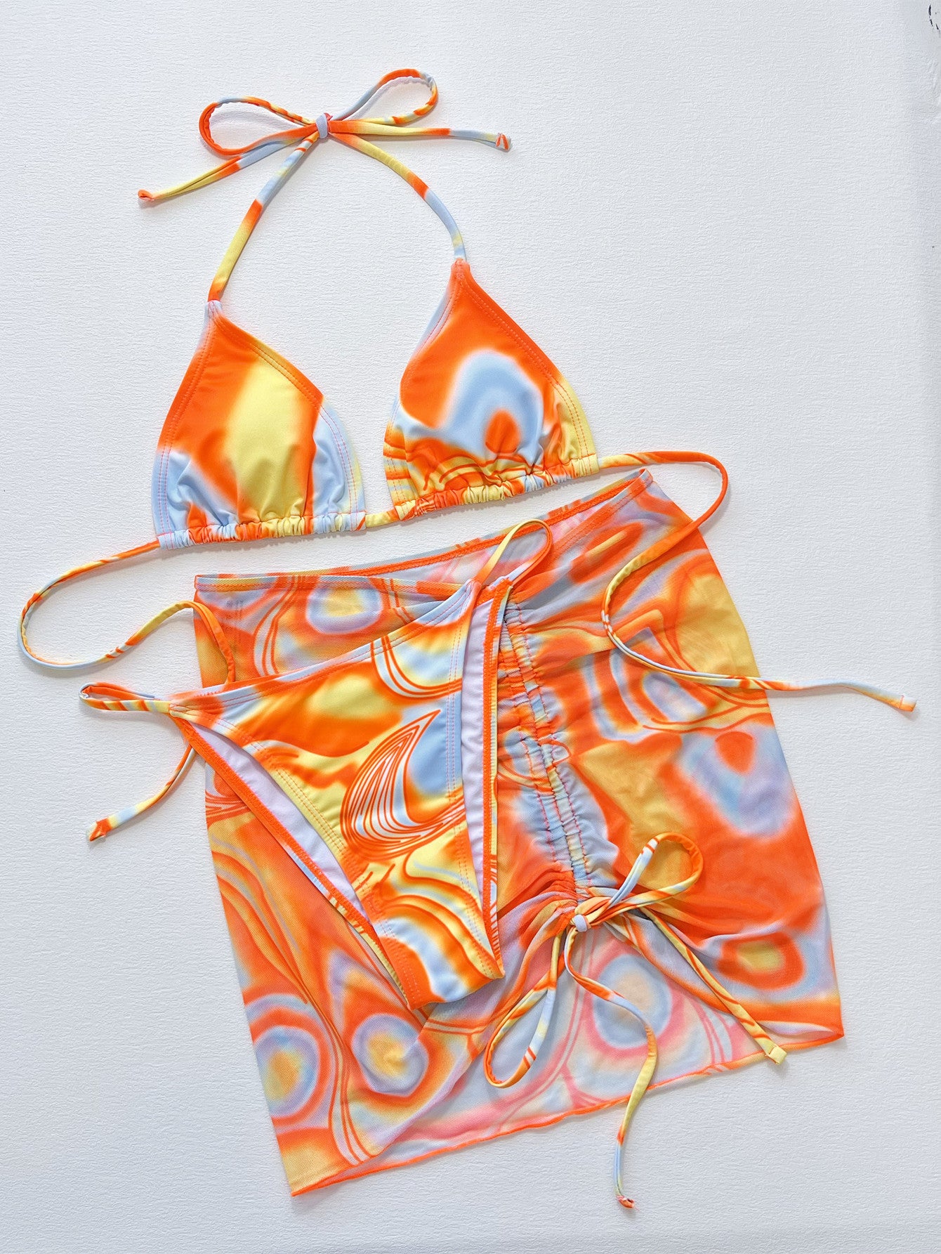 3-Piece Multicolor Ruched Bikini with Drawstring Skirt