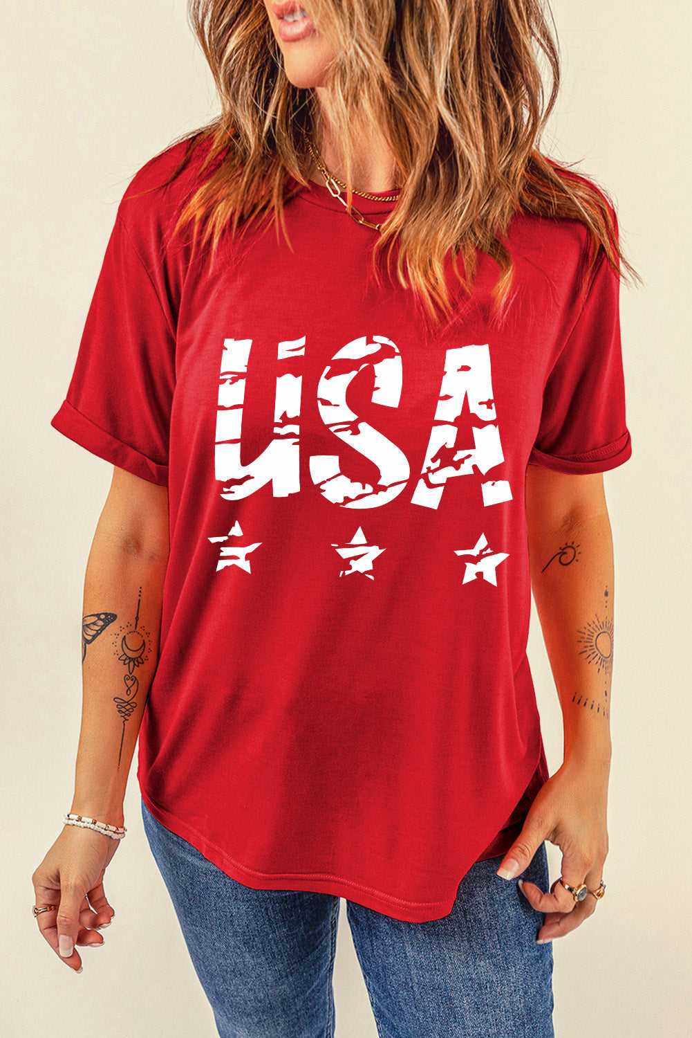 USA Round Neck Short Sleeve T-Shirt Deep Red