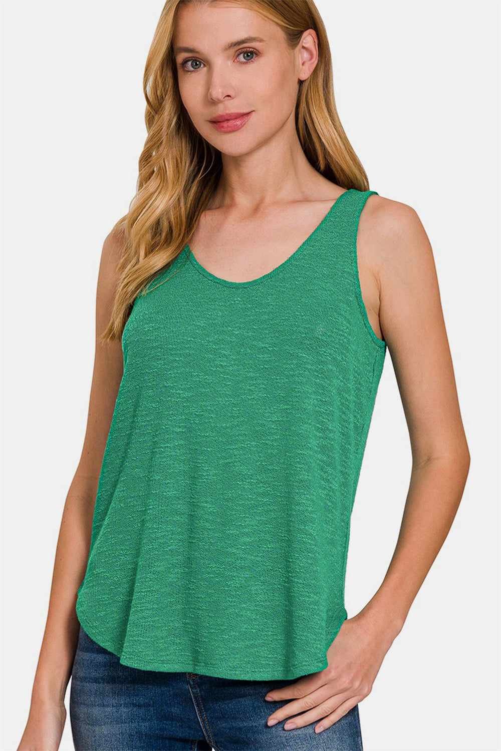 Zenana Curved Hem Round Neck Tank Green