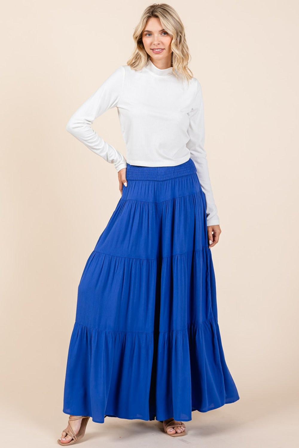 Mittoshop Tier Detail Smocked Elastic Waist Wide Leg Pants Cobalt