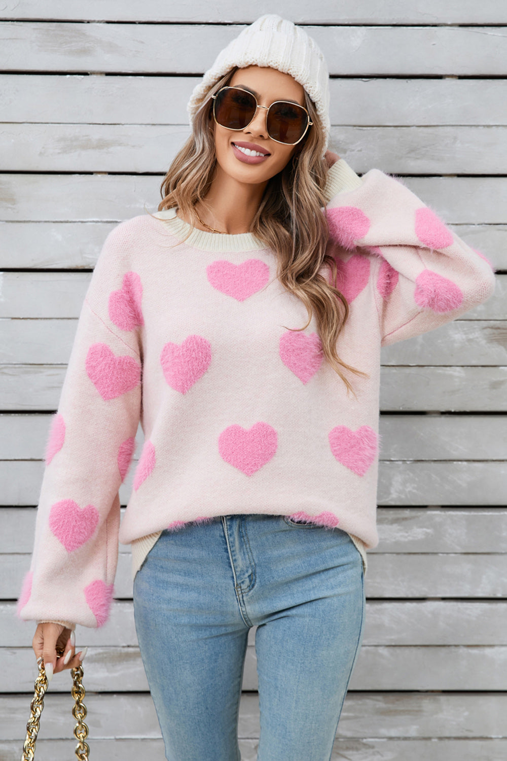 Angel Wings Heart Dropped Shoulder Long Sleeve Sweater Blush Pink