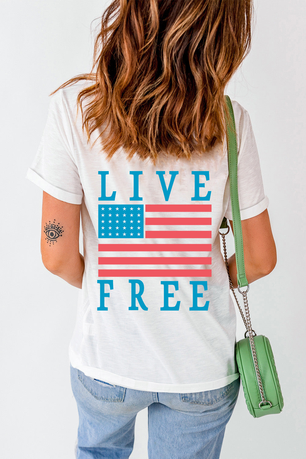 US Flag Round Neck Short Sleeve T-Shirt White