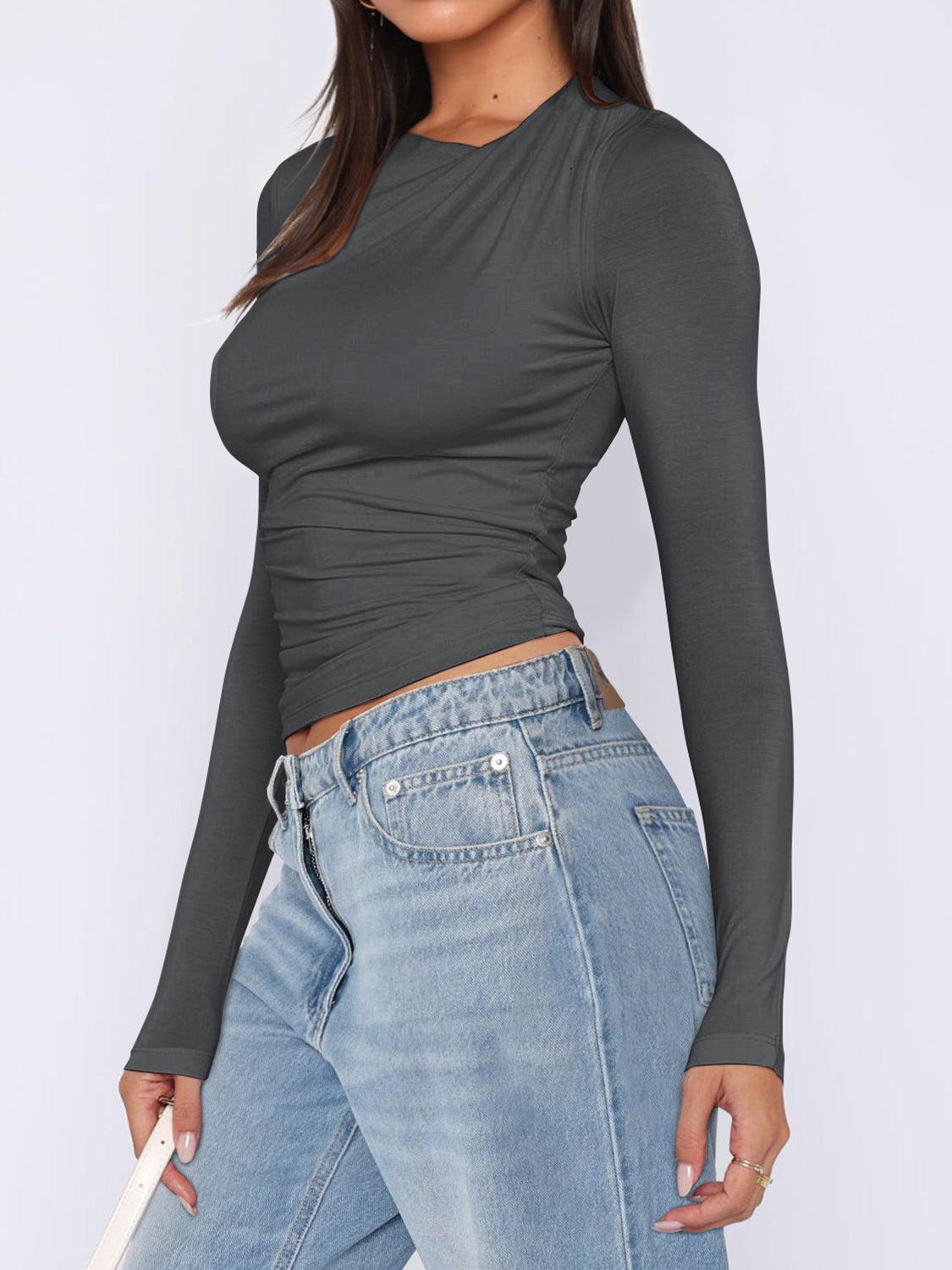 Ruched Asymmetrical Neck Long Sleeve T-Shirt Dark Gray