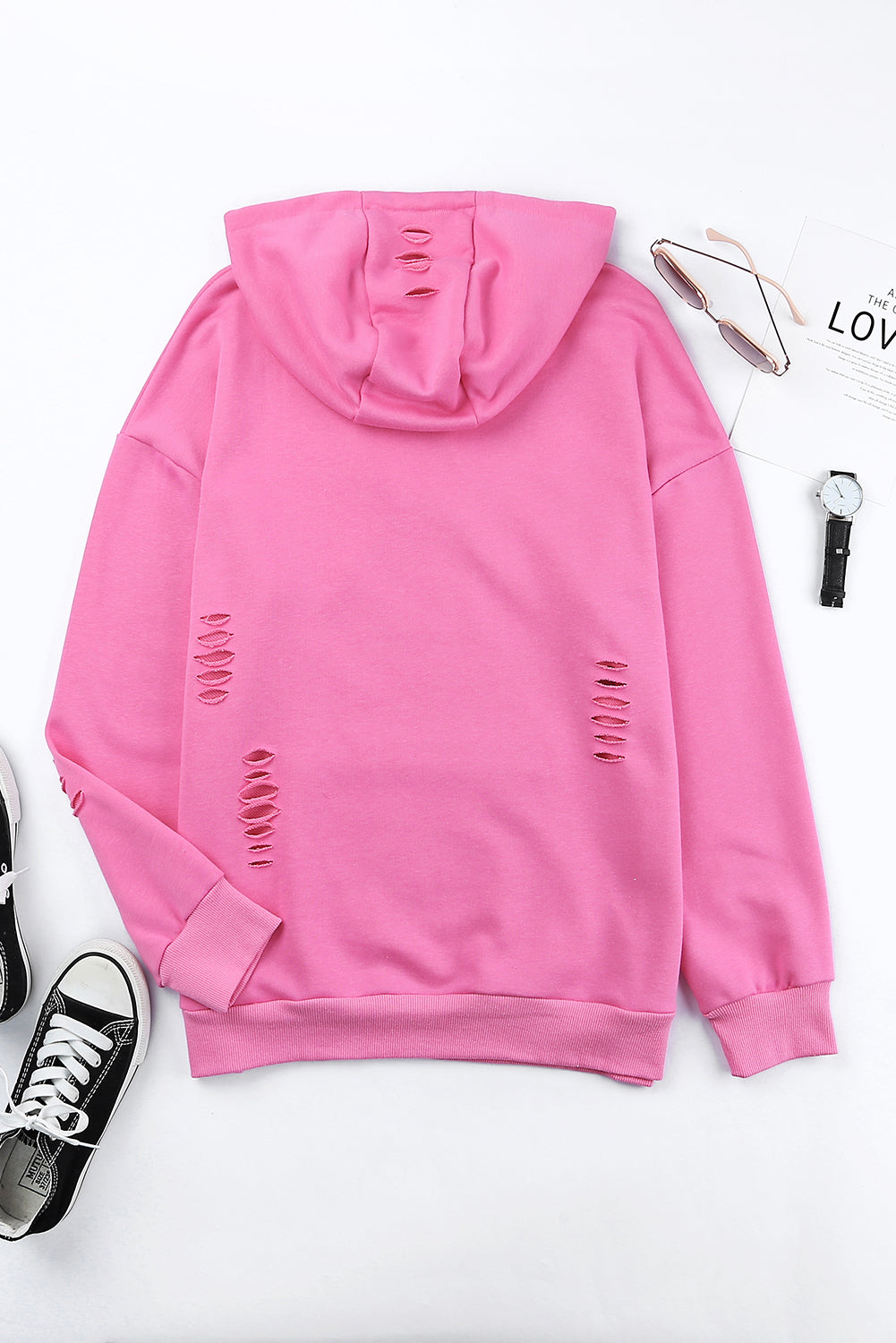 Distressed Drawstring Long Sleeve Hoodie