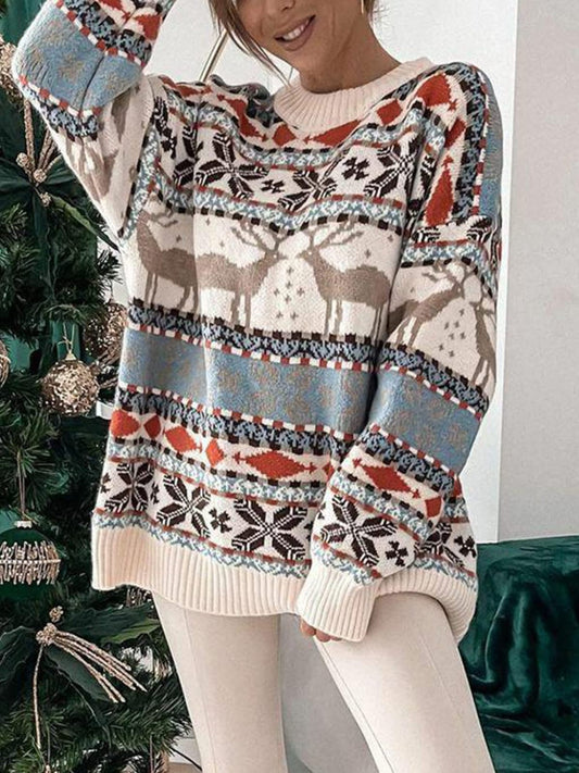 Geometric Round Neck Dropped Shoulder Sweater Cream