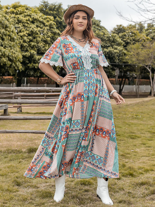 Back-to-School Plus Size Printed Midi Dress with Lace Detail Turquoise
