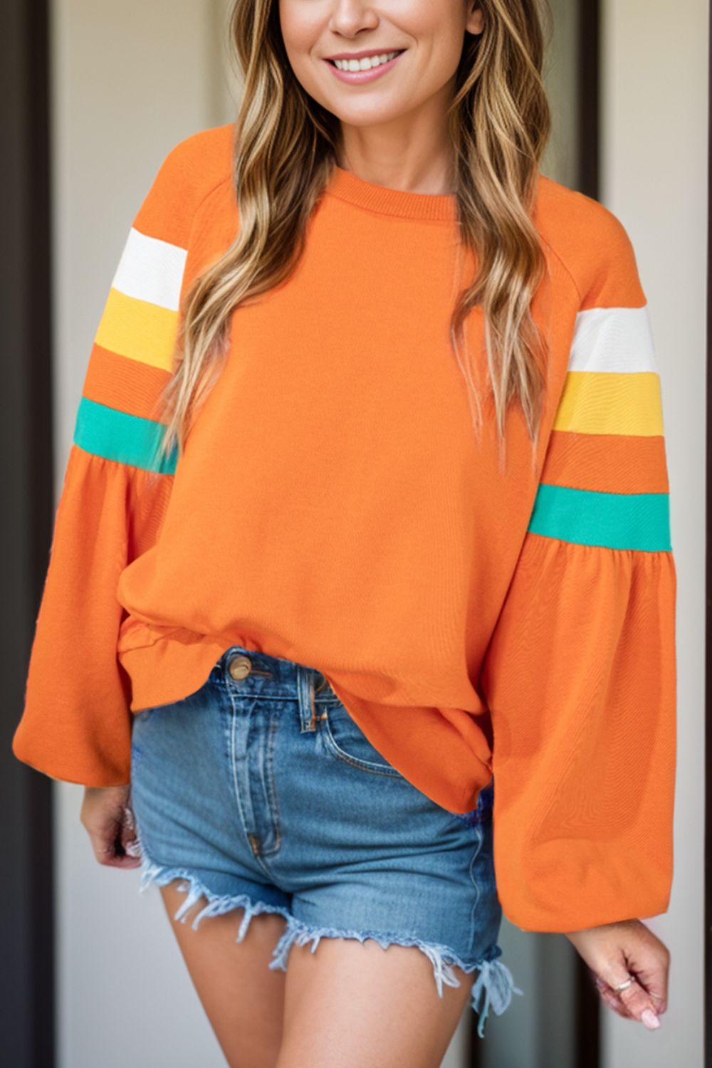 Contrast Round Neck Long Sleeve Blouse Orange