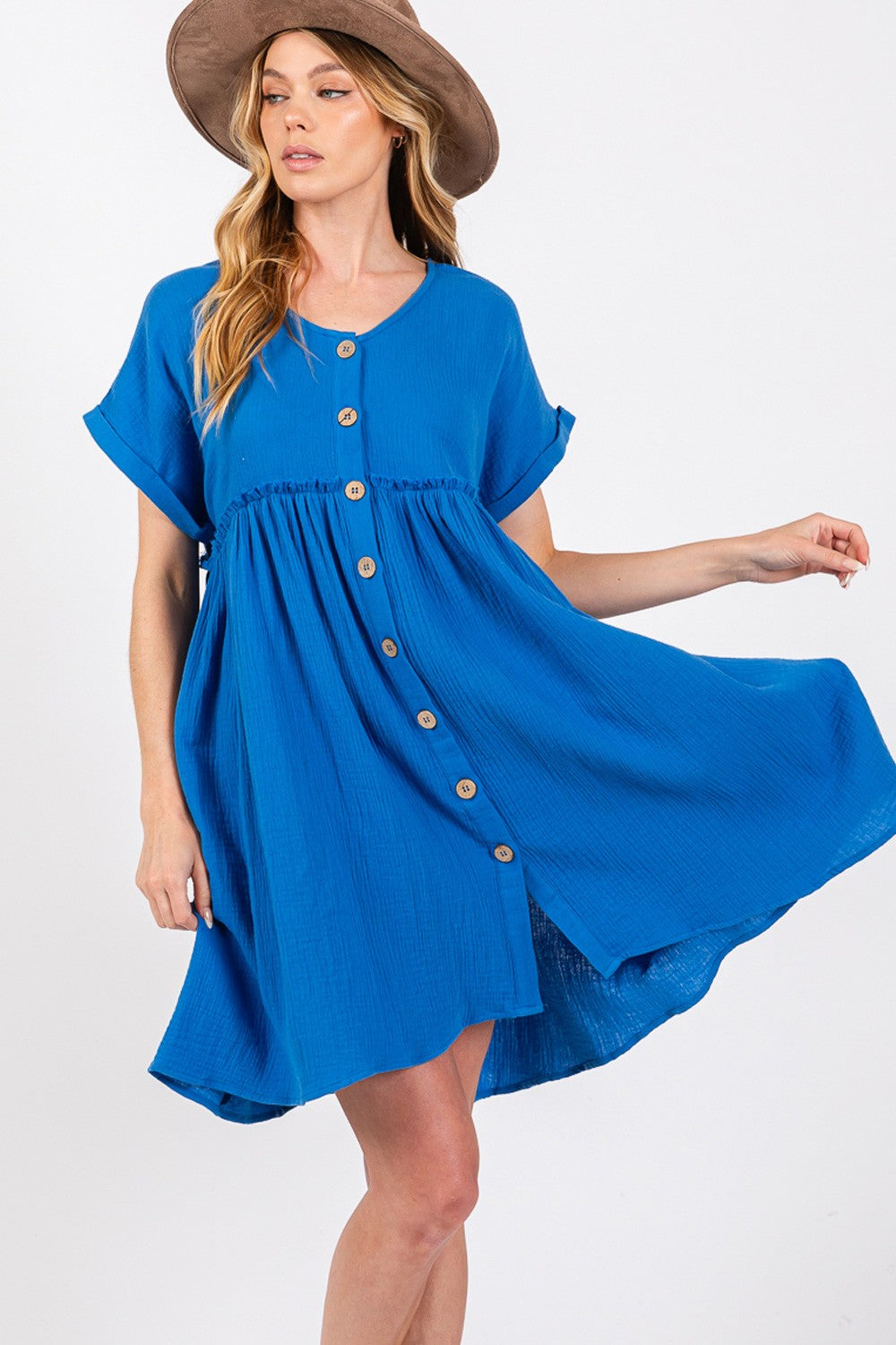 SAGE + FIG Button Up short Sleeve Dress Blue