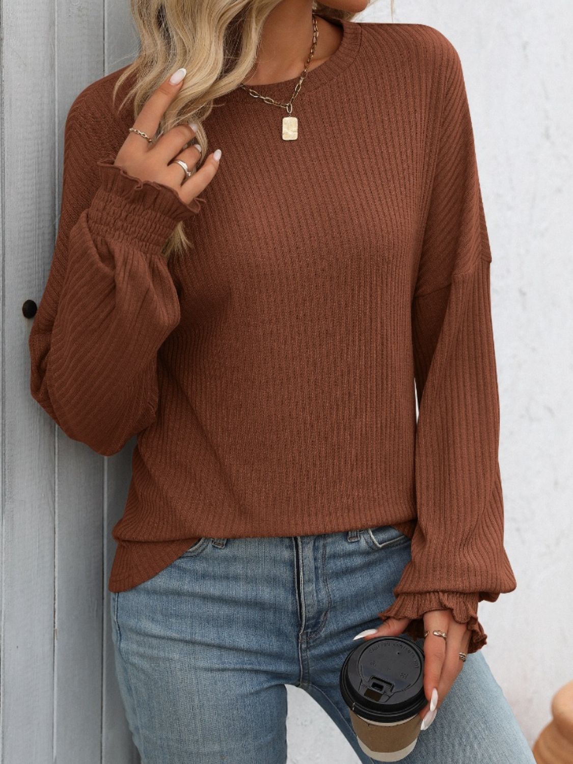 Mandy Ribbed Round Neck Long Sleeve T-Shirt Dark Brown