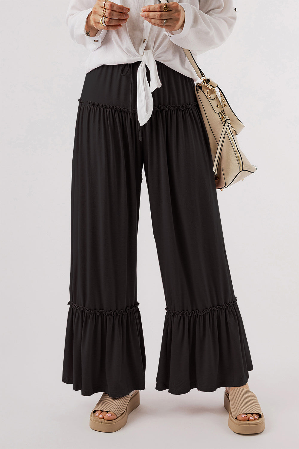 Tied Frill Ruched Bootcut Pants Black