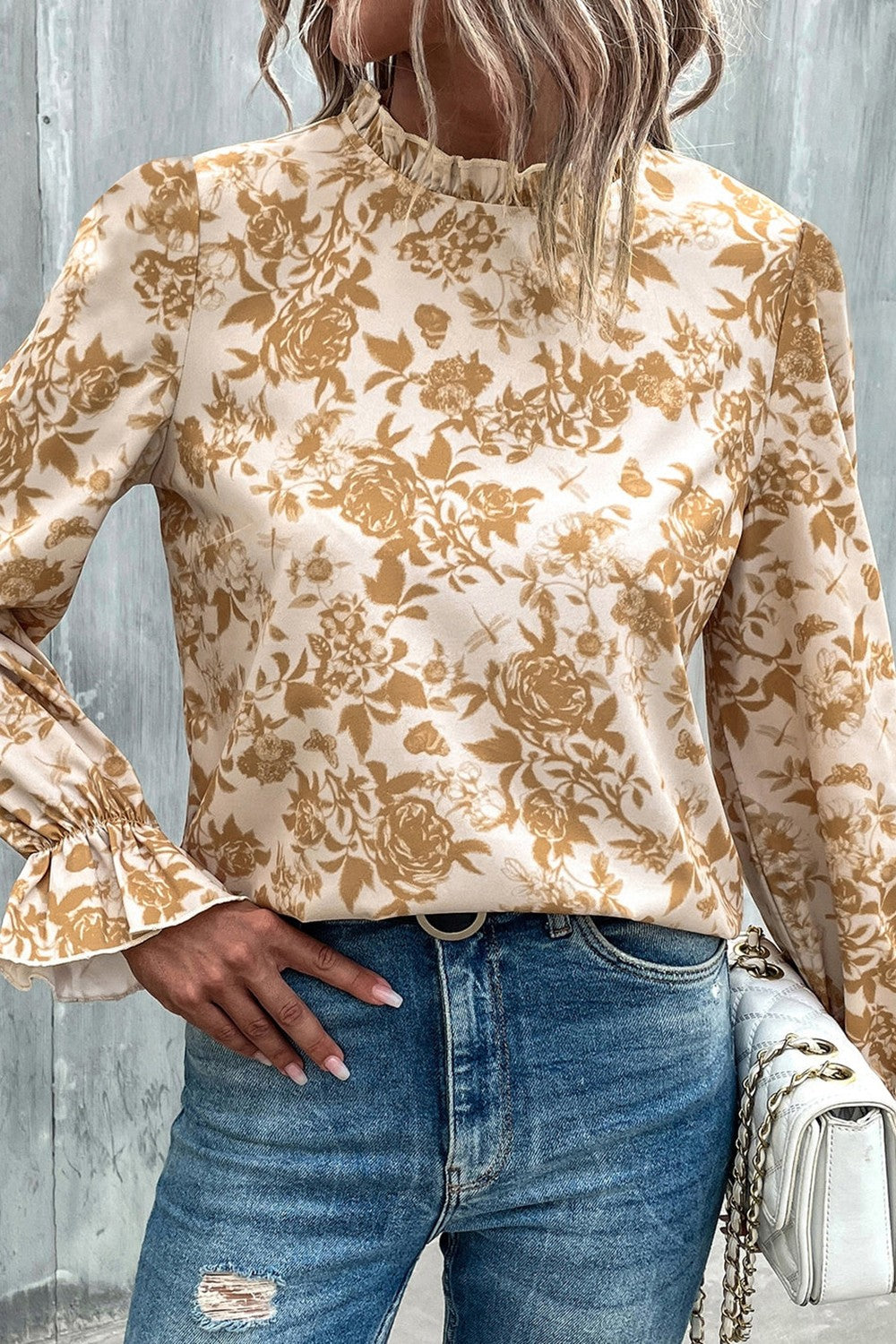 Floral Print Mock Neck Flounce Sleeve Blouse Honey