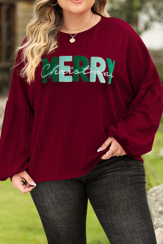 Plus Size MERRY CHRISTMAS Round Neck Long Sleeve Top Wine