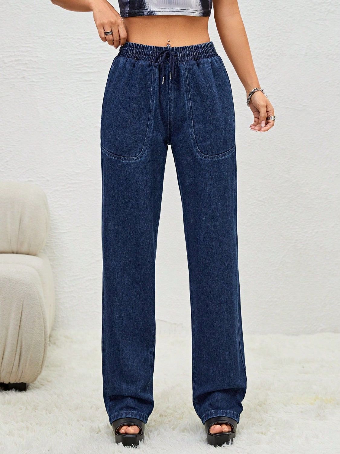 Drawstring Elastic Waist Jeans with Pockets