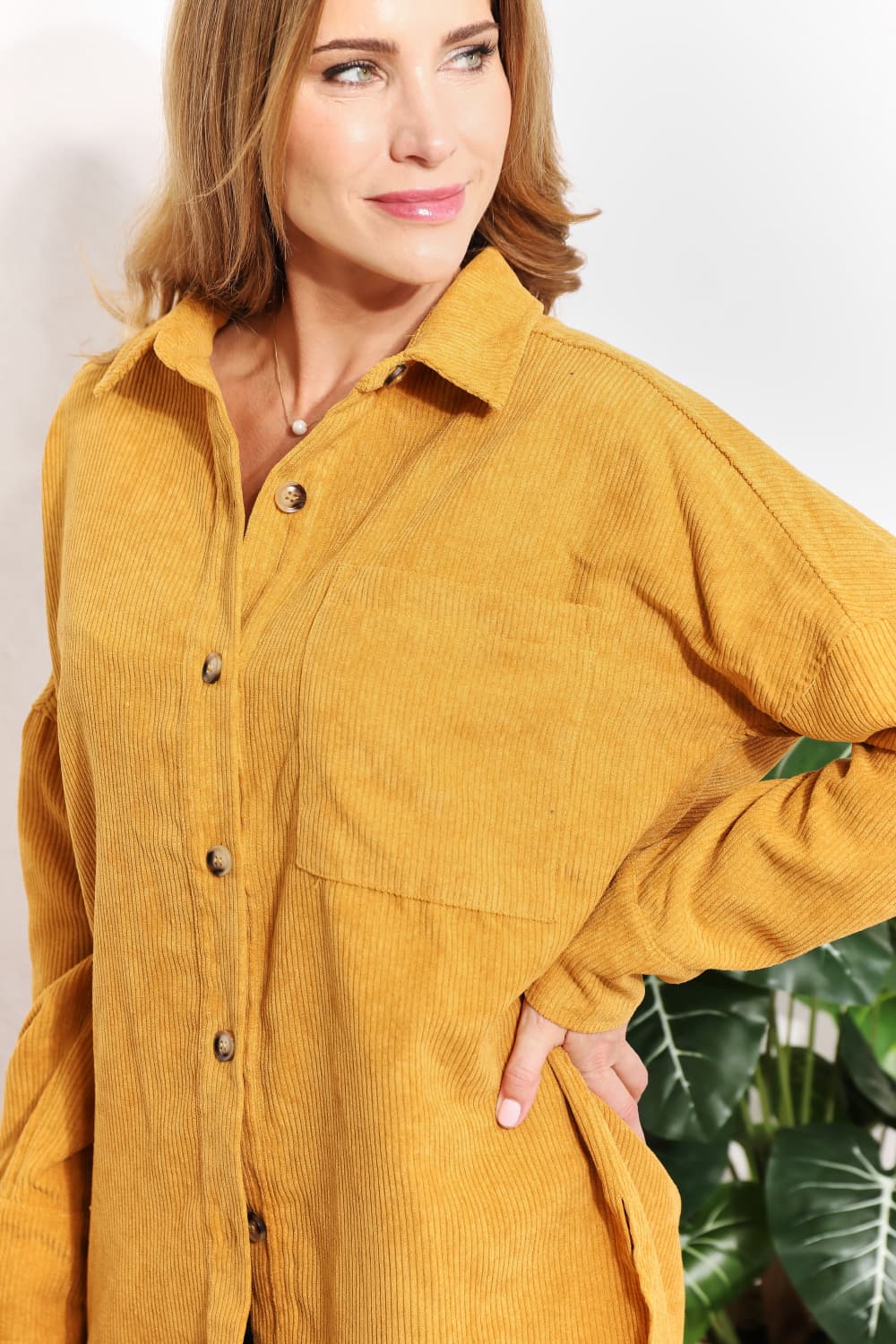 HEYSON Full Size Oversized Corduroy Button-Down Tunic Shirt with Bust Pocket