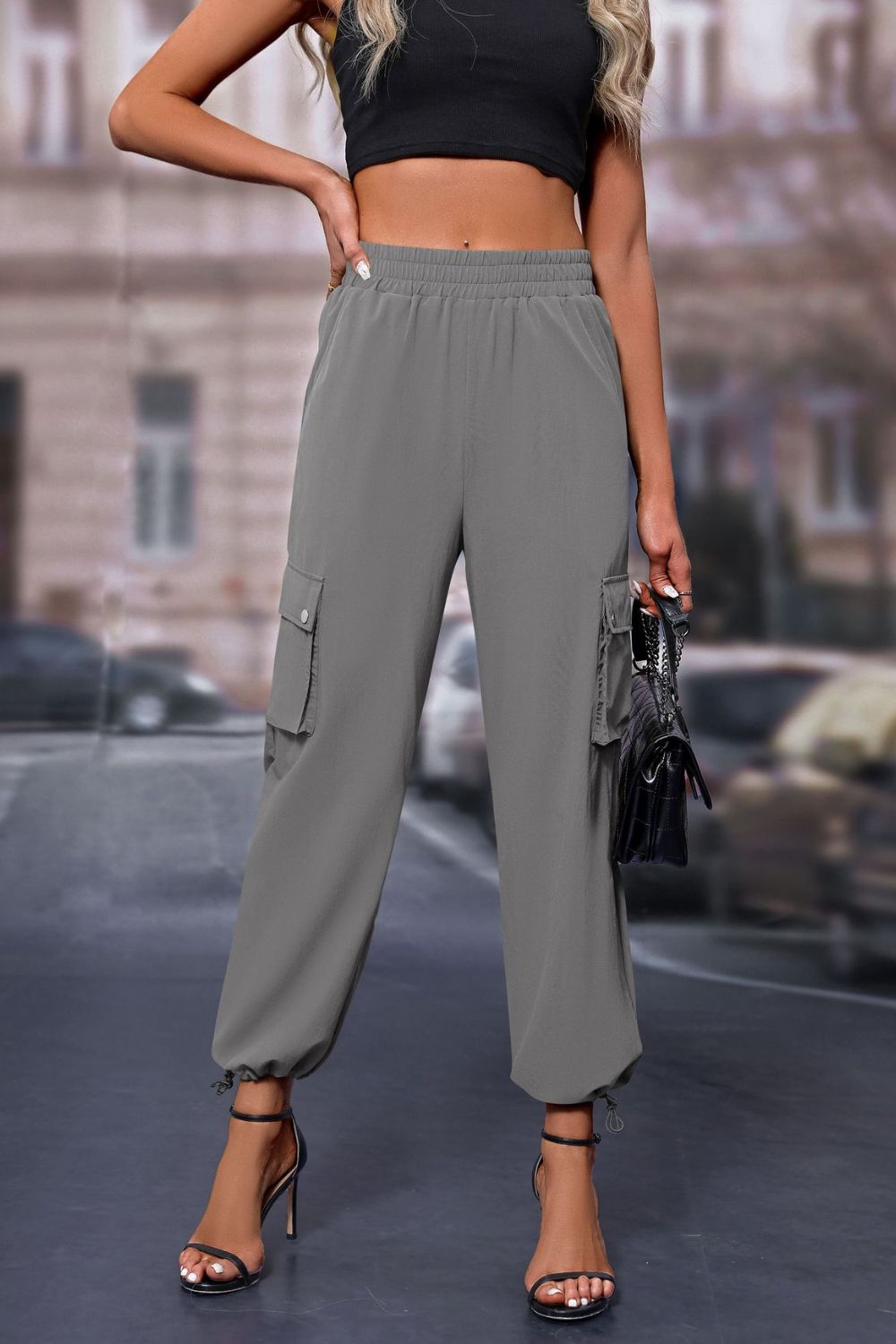 Elastic Waist Pants with Pockets Dark Gray