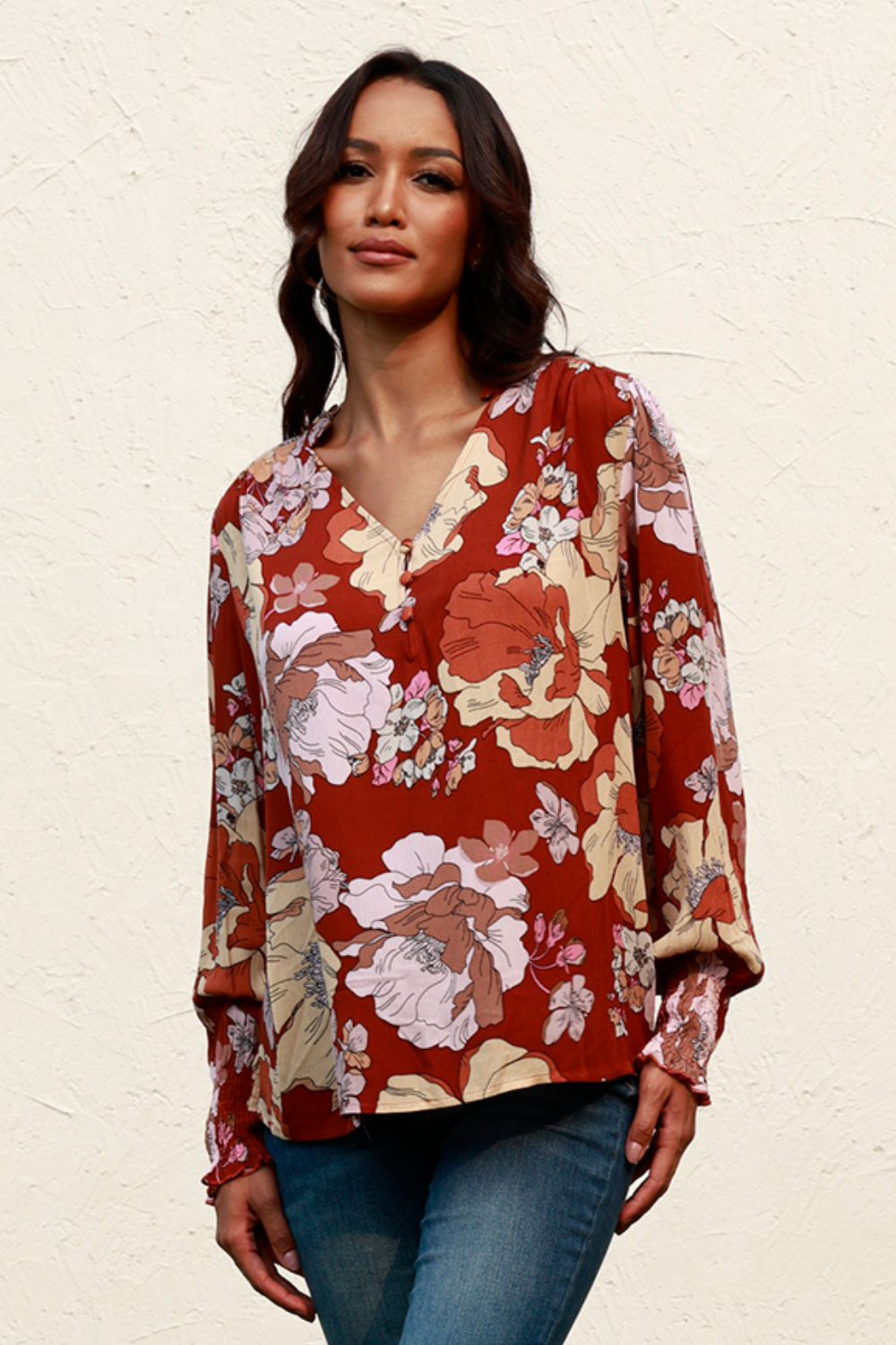 Floral V-Neck Smocked Lantern Sleeve Blouse Brown