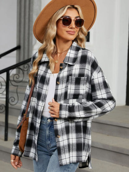 Plaid Collared Neck Long Sleeve Shirt Black