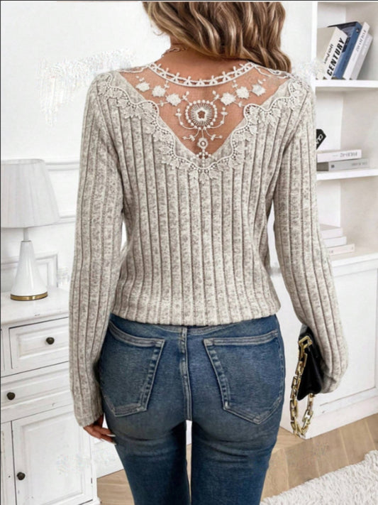 Lace Detail V-Neck Long Sleeve T-Shirt Dust Storm