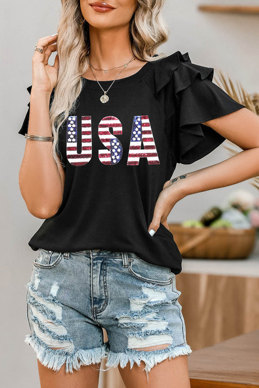 USA Round Neck Flounce Sleeve Top Black