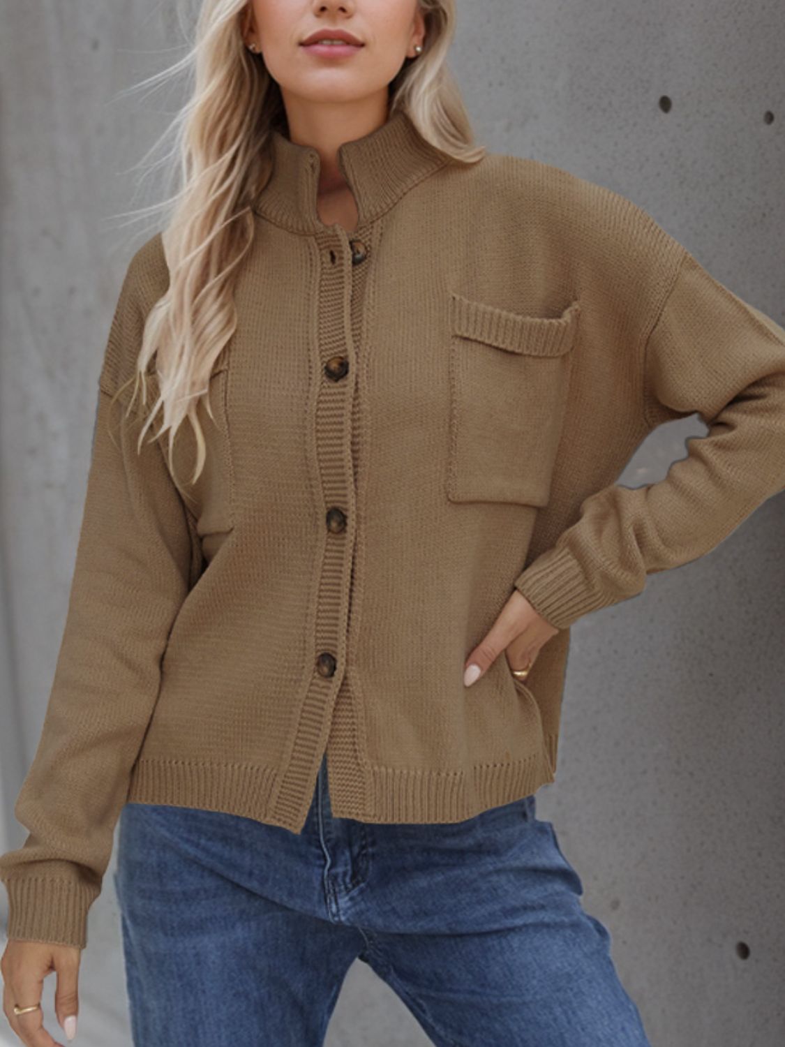 Button Up Long Sleeve Cardigan Camel