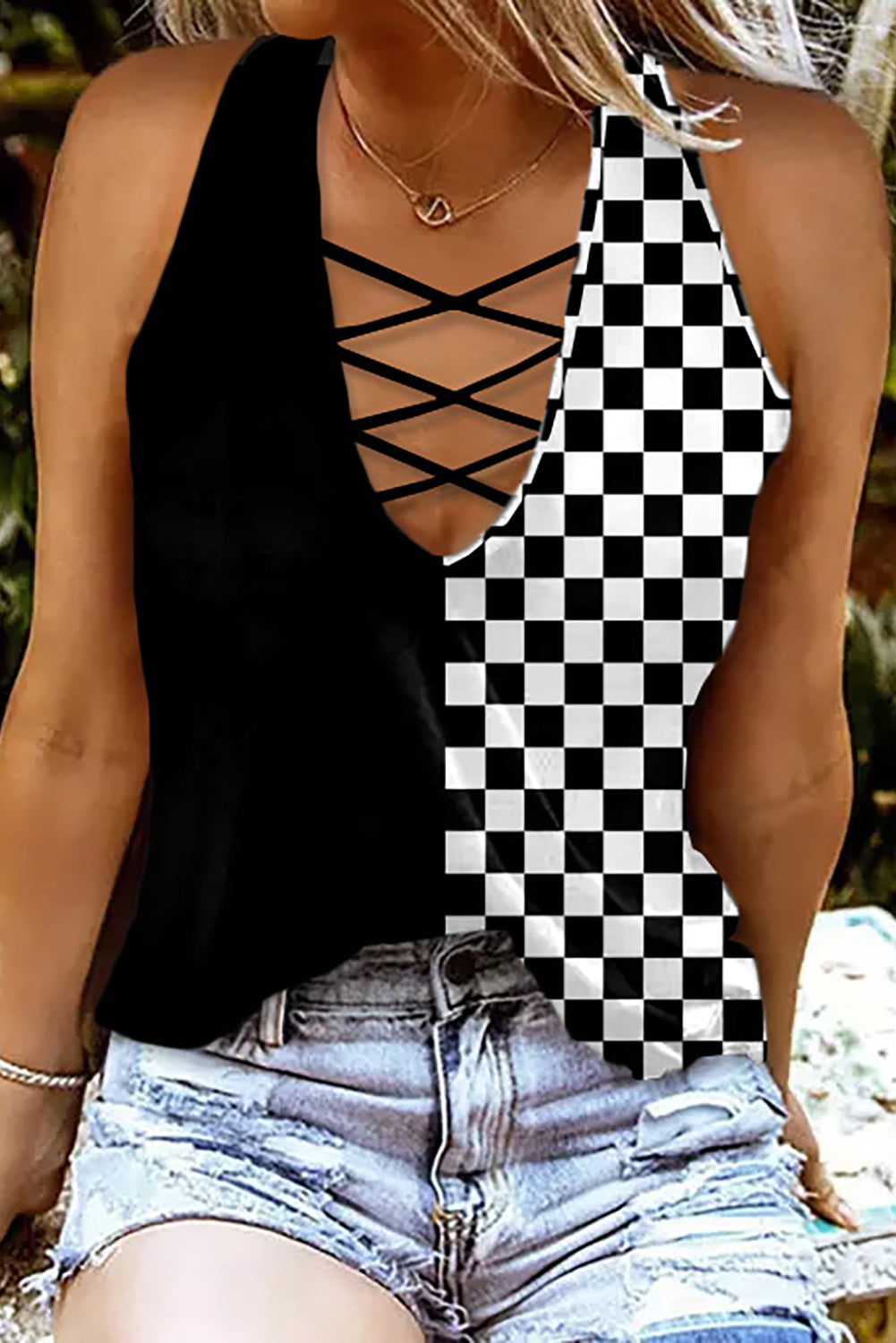 Crisscross Checkered Wide Strap Tank Plaid