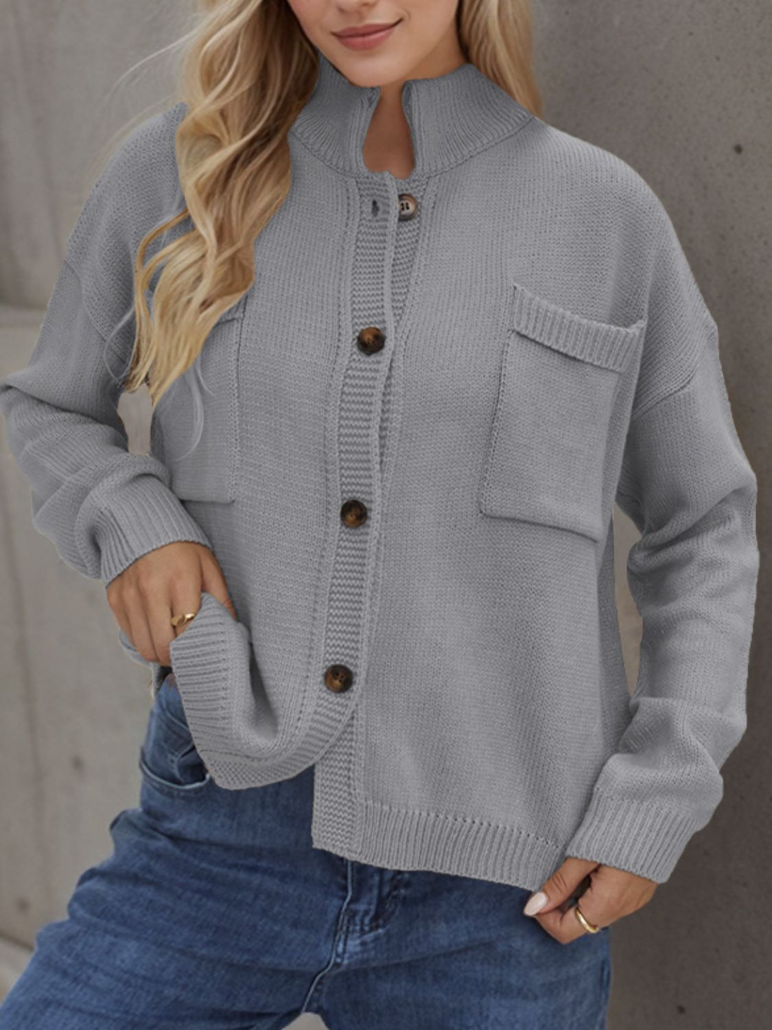 Button Up Long Sleeve Cardigan Gray