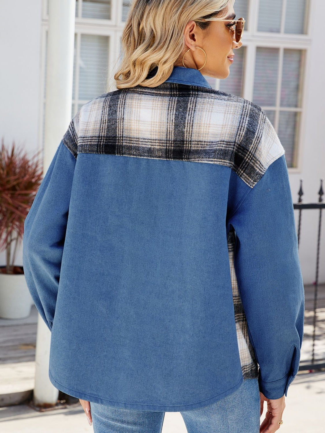 Plaid Denim Jacket with Button Closure