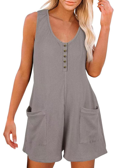 Button Front Sleeveless Romper with Pockets