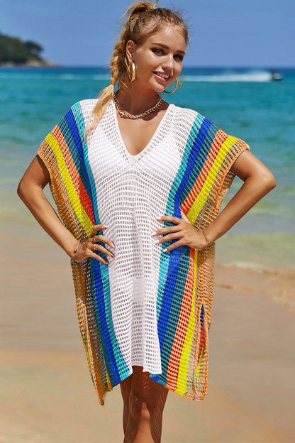 Lightweight Openwork Striped Knit Beach Cover-Up