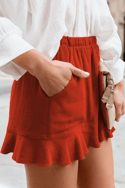 Full Size Ruffled Elastic Waist Shorts Red