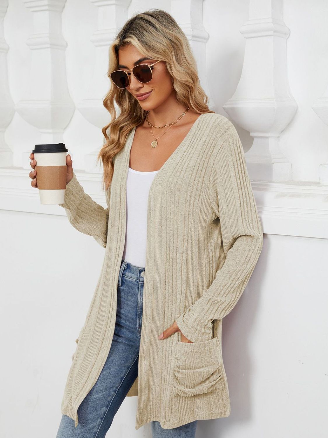 Pocketed Open Front Long Sleeve Cardigan