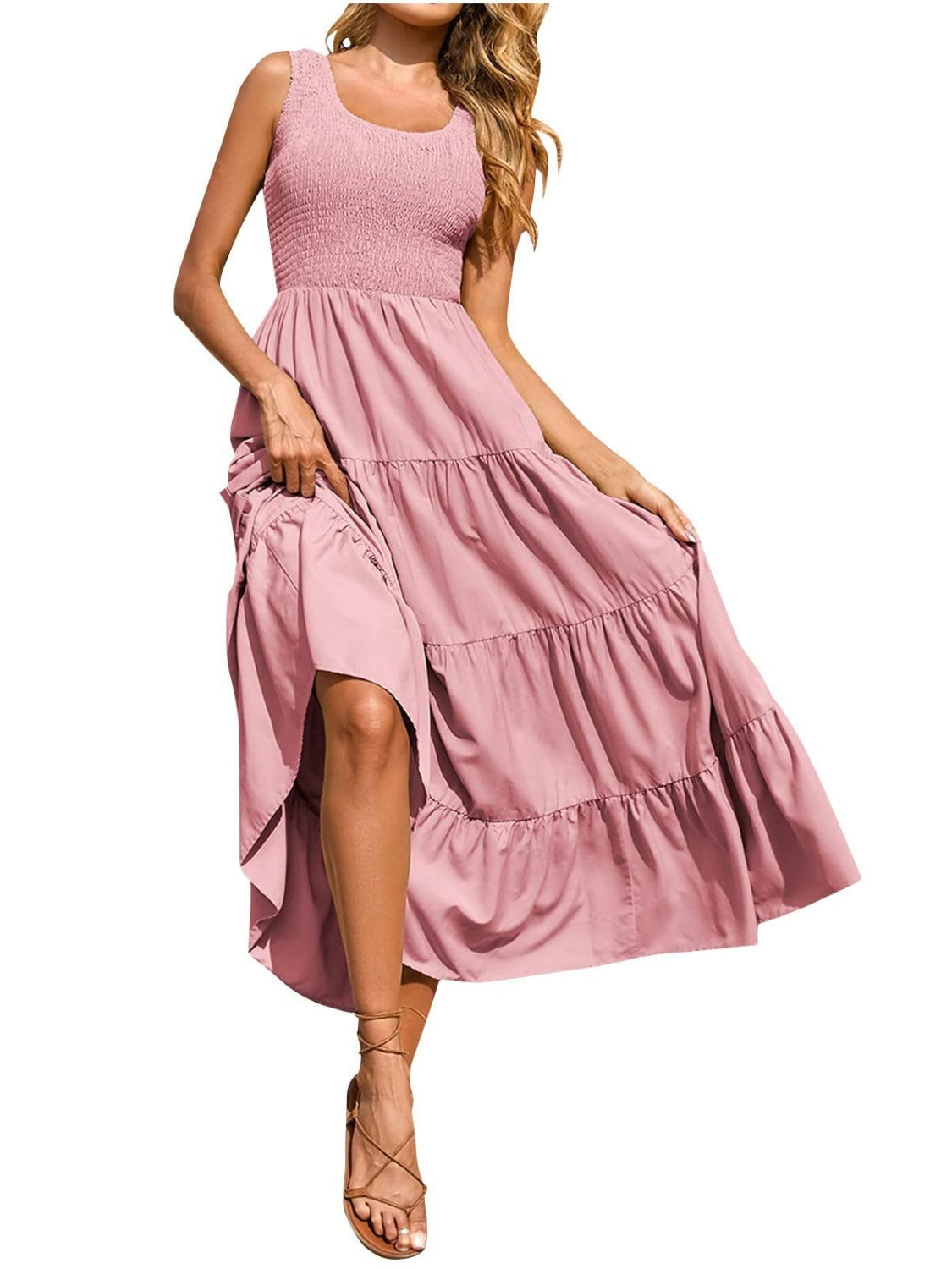 Smocked Tiered Midi Dress with Wide Straps